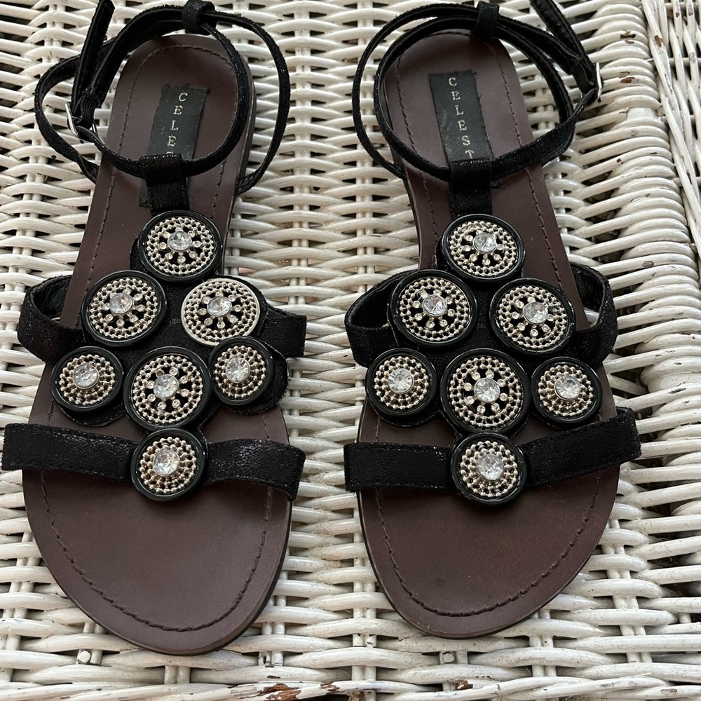 Black Ankle Strap Summer Sandals with Silver and Rhinestone Accents
